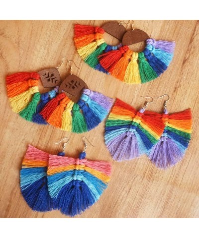 Long Rainbow Layered Tassel Drop Dangle Earrings Gay Pride Ribbon Wooden Ethnic Hook for Women Girls Lesbian Bohemian Handmad...