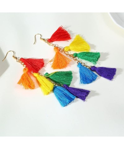 Long Rainbow Layered Tassel Drop Dangle Earrings Gay Pride Ribbon Wooden Ethnic Hook for Women Girls Lesbian Bohemian Handmad...