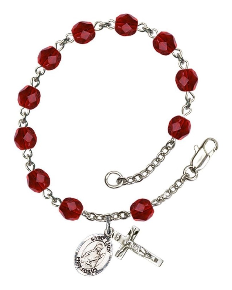 St. Lucy Silver Plate Rosary Bracelet 6mm Fire Polished Beads - Every Birth Month Color July Red $32.84 Bracelets