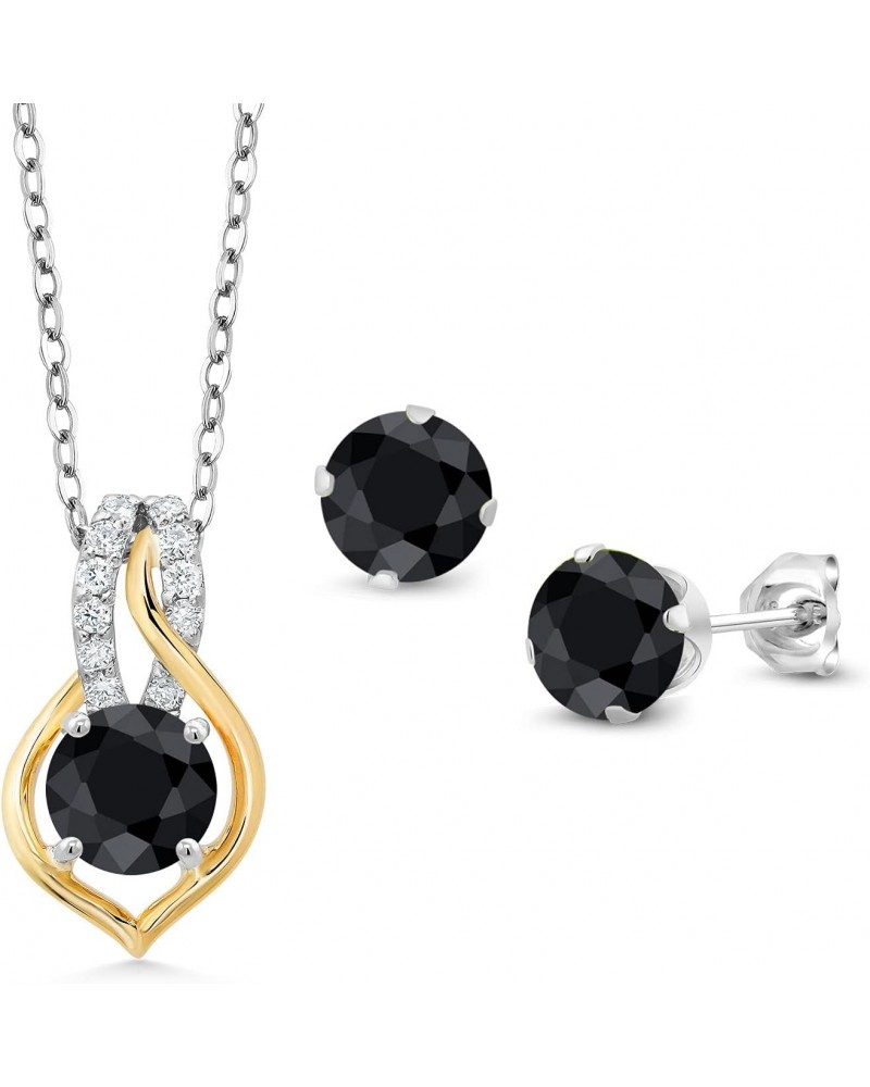 2-Tone 925 Silver and 10K Yellow Gold Black Sapphire and White Lab Grown Diamond Pendant and Earrings Jewelry Set For Women (...