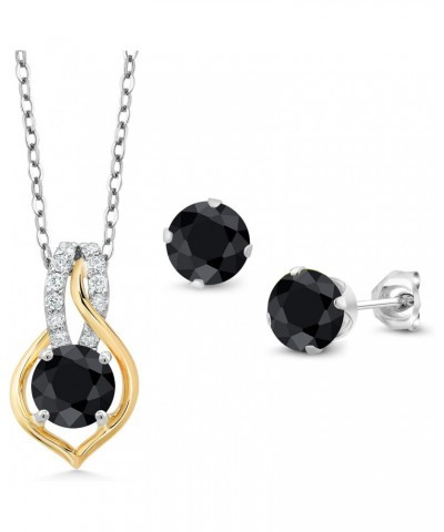 2-Tone 925 Silver and 10K Yellow Gold Black Sapphire and White Lab Grown Diamond Pendant and Earrings Jewelry Set For Women (...