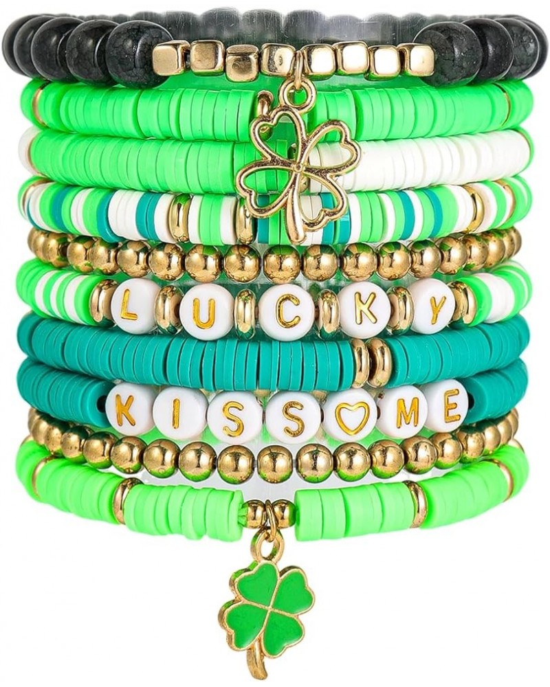 St. Patrick's Day Bracelets Set Shamrock Surfer Heishi Beaded Stretch Layering Friendship Irish Stackable Adjustable for Wome...