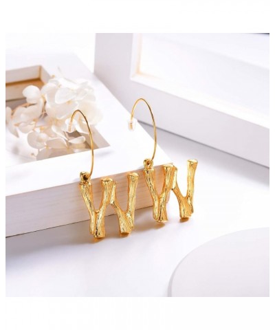 Bamboo Initial Earrings Stainless Steel 18k Gold Plated Half-Hoop Drop Letter Earrings for Women W $10.24 Earrings