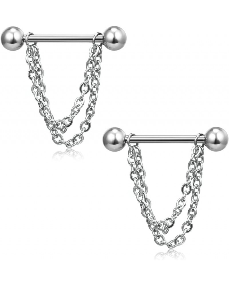 Surgical Steel Nipple Shield Rings Tongue Barbell Piercing Jewelry Retainer 14G 5/8Inch Chain Dangle Clear CZ For Women Men 2...