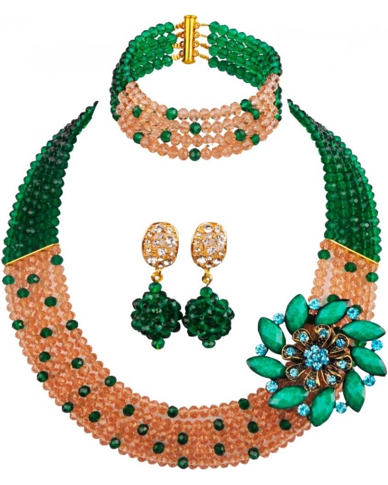 5 Rows Women's Fashion African Beads Nigerian Necklace Bridal Wedding Jewelry Sets Army Green Peach $20.64 Jewelry Sets