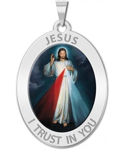 Divine Mercy Oval Religious Medal, Available in Sterling Silver and Solid 10K or 14K Gold 14K Solid White Gold 2/3 x 3/4 Inch...