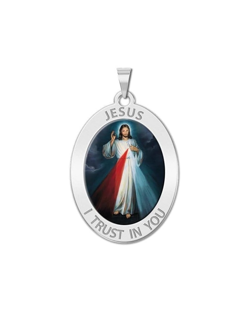 Divine Mercy Oval Religious Medal, Available in Sterling Silver and Solid 10K or 14K Gold 14K Solid White Gold 2/3 x 3/4 Inch...