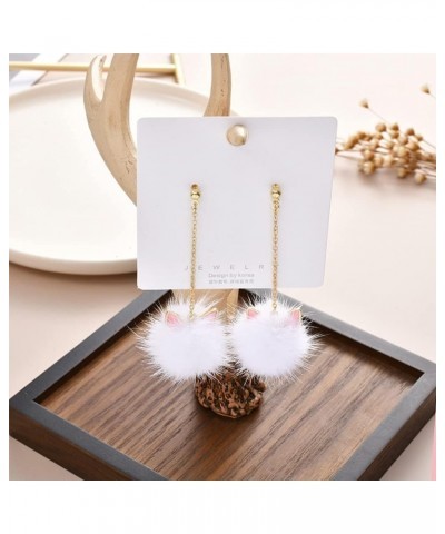 Fur Pom Pom Earrings Cute Cat Ears Pom Earrings for Women Long Chain Tassel Faux Fur Fluffy Drop Earrings Fashion Pom Ball Da...