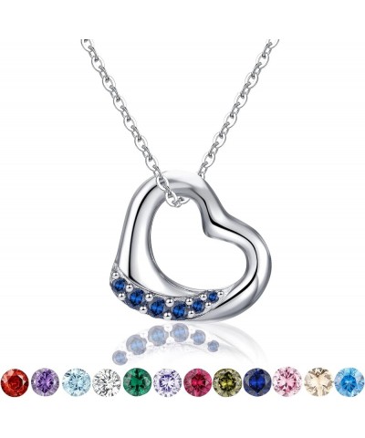 Floating Heart Birthstone Necklace for Women: 925 Sterling Silver Open Heart Pendant Necklaces Sparkling Cubic Zirconia Neckl...