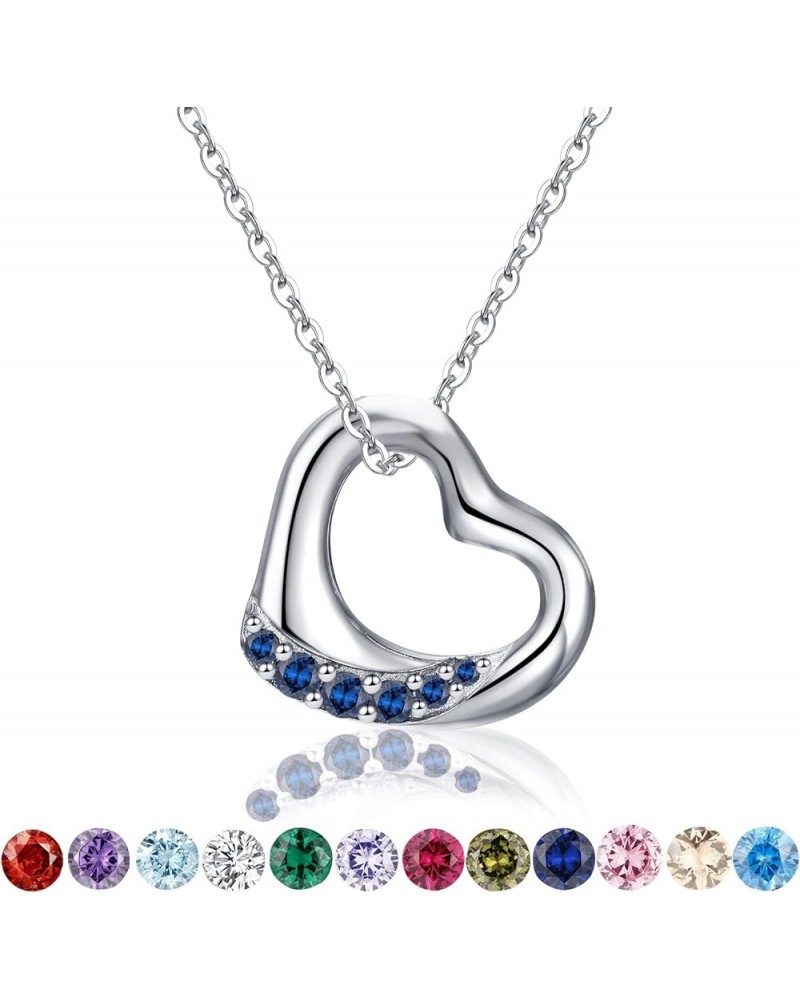 Floating Heart Birthstone Necklace for Women: 925 Sterling Silver Open Heart Pendant Necklaces Sparkling Cubic Zirconia Neckl...