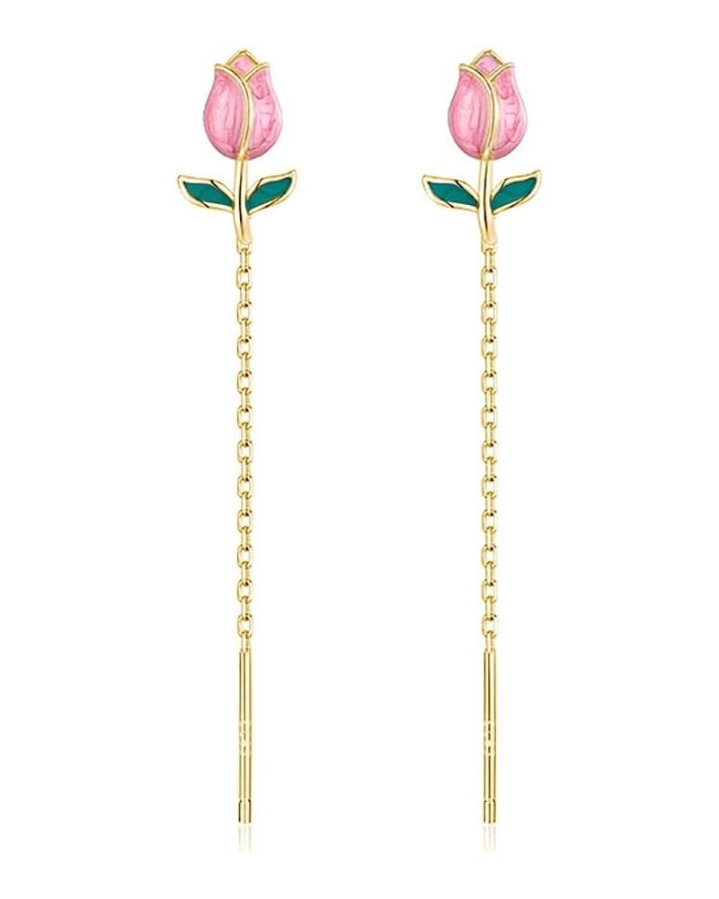 925 Sterling Silver Tulip Flower Dangle Earrings Chain for Women Teen Girls Pink Flower Dangling Earrings Threader Tassel B-G...