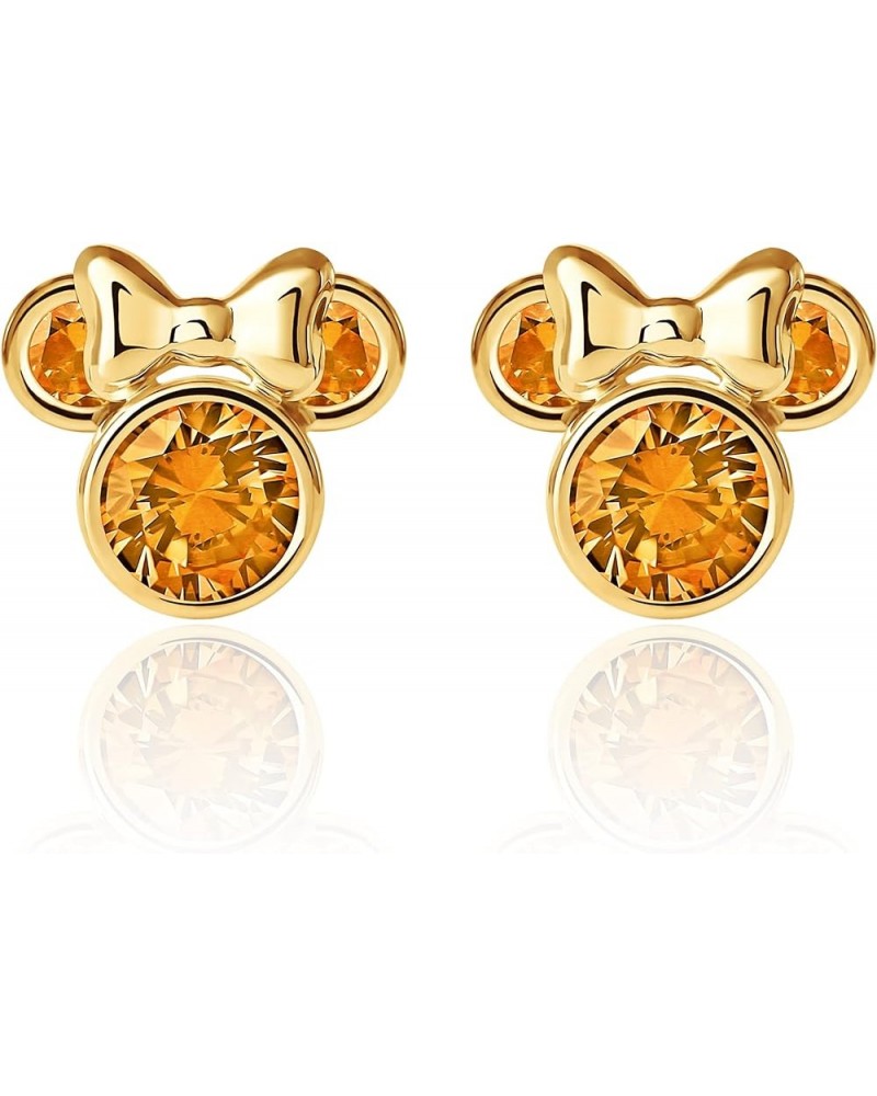 Womens Minnie Mouse Birthstone Earrings - 10K Gold Stud Earrings - Jewelry for Women November Amber Cubic Zirconia $49.35 Ear...