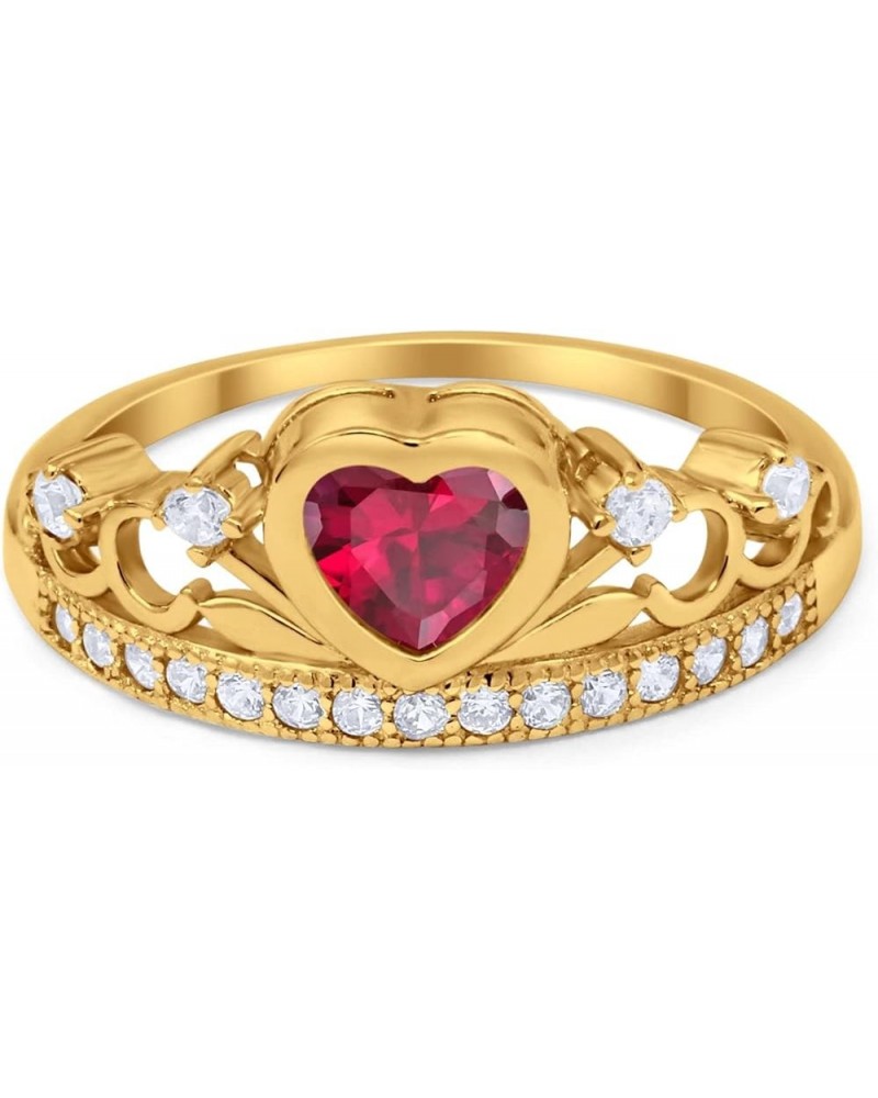 Heart Crown Ring Half Eternity Simulated Cubic Zirconia 925 Sterling Silver Choose Color Yellow Tone, Simulated Red Ruby $10....