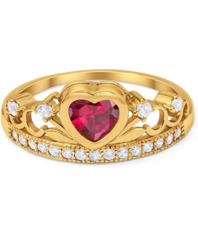 Heart Crown Ring Half Eternity Simulated Cubic Zirconia 925 Sterling Silver Choose Color Yellow Tone, Simulated Red Ruby $10....