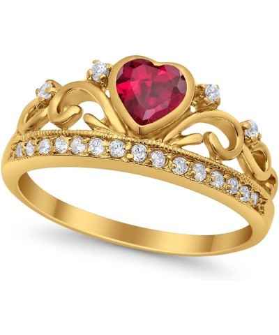 Heart Crown Ring Half Eternity Simulated Cubic Zirconia 925 Sterling Silver Choose Color Yellow Tone, Simulated Red Ruby $10....