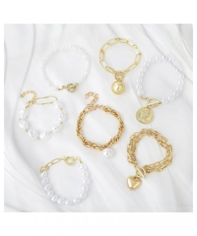 Gold Pearl Bracelets for Women Girls Link Chain Paperclip Charm Pearl OT Buckle Dainty Bracelet Jewelry Gift H 1 PC $7.13 Bra...