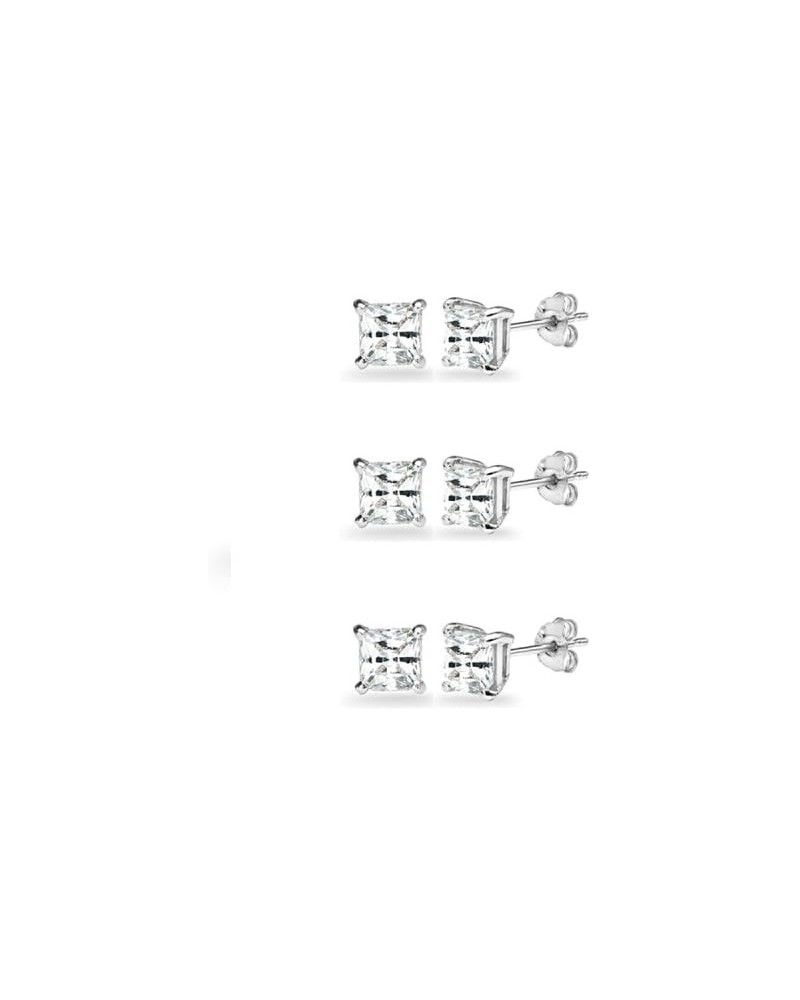 3-Pair Set Sterling Silver Gemstone Princess-Cut 4mm Square Stud Earrings White Topaz $14.55 Earrings