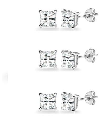 3-Pair Set Sterling Silver Gemstone Princess-Cut 4mm Square Stud Earrings White Topaz $14.55 Earrings