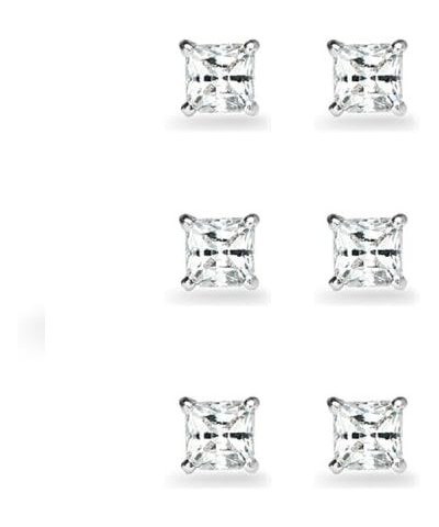 3-Pair Set Sterling Silver Gemstone Princess-Cut 4mm Square Stud Earrings White Topaz $14.55 Earrings